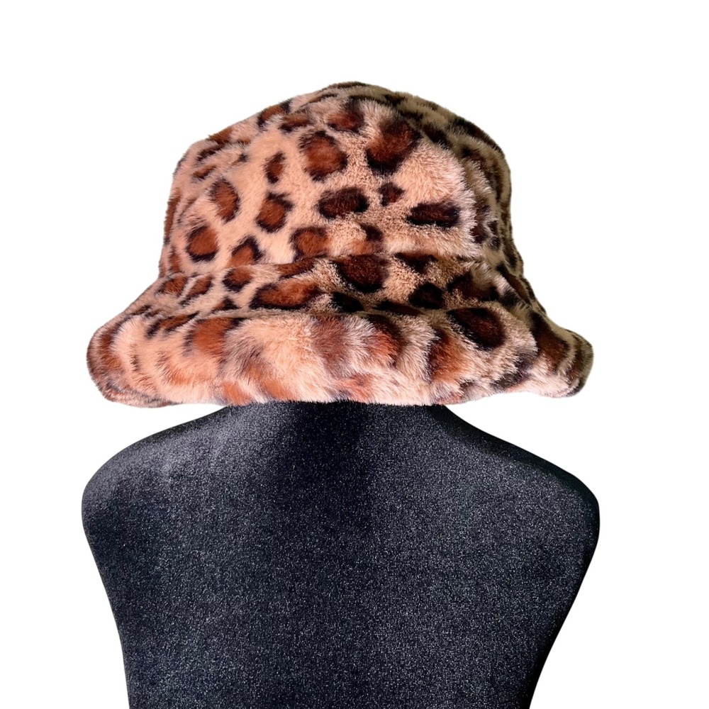 Mixit Faux Fur Leopard Print Bucket Hat Brown Plush Fuzzy Animal Print Y2K OSFA